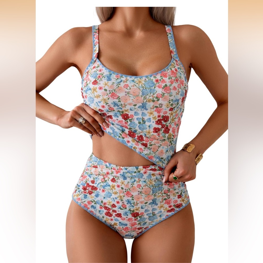 Floral High-Waist Tank Bikini - Multicolor